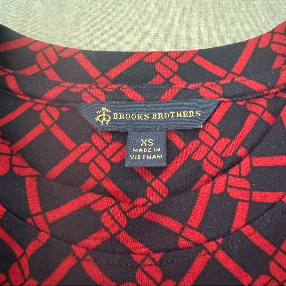 BROOKS BROTHERS Knit Top Long Sleeve Trellis Print Round Neck Red Navy Blue - Picture 2 of 12